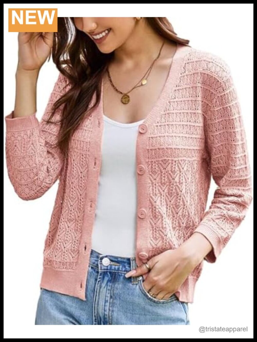 Women's Lightweight Crochet Knit Cardigan 3/4 Sleeve V Neck Button